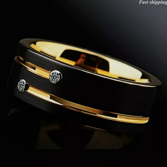 8mm Black Brushed Tungsten Ring Gold Grooved Line - Picture 3 of 7